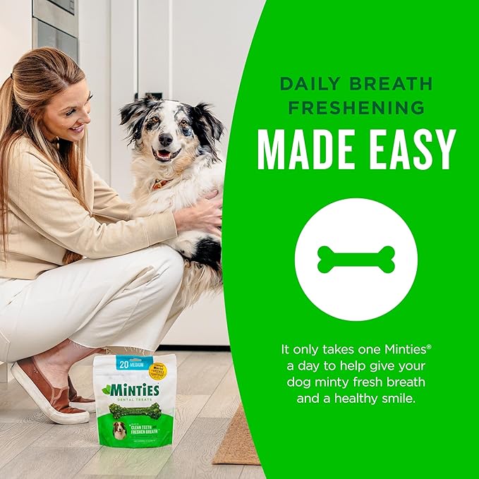 Minties Dental Chews for Dogs, 8 Count, Vet-Recommended Mint-Flavored Dental Dog Treats for Medium Dogs, Bones Clean Teeth, Fight Bad Breath, and Removes Plaque and Tartar