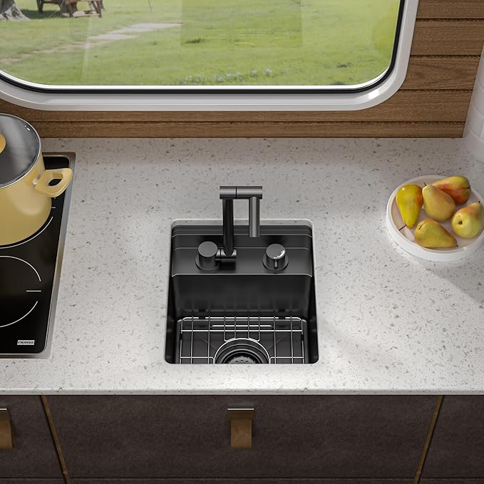 13"x15" Undermount RV Kitchen Sink – Gunmetal Black NANO-PVD, 16 Gauge 304 Stainless Steel, Single Bowl Sink Basin with Foldable Faucet for RV, Camper, Mobile Home, Wet Bar, Outdoor Kitchen