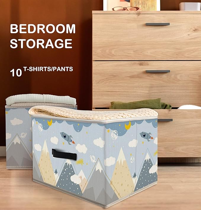 Nogrit Dreamy Rocket Mountain Storage Bins Box, Toybox for Boys, Light Blue Cosmic Foldable Baskets Organizer Container with Handles for Kids Boys Bedroom Bathroom Clothes Toys Books