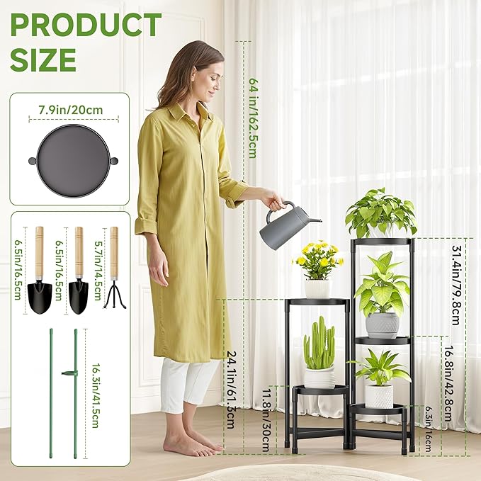 Plant Stand Indoor Outdoor with Tray Corner Metal Flower Display Holder Shelf 5 Tier Folding Tall Orchid Rack for Patio Balcony Porch Garden Living Room House, Black