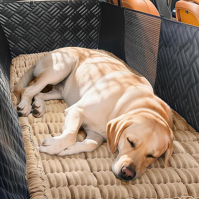 Dog Car Seat Cover for Back Seat, Plaid Backseat Pet Bed Mat, Non-Slip Travel Dog Bed for Backseat Extenders, 24.8" x 54", Coffee