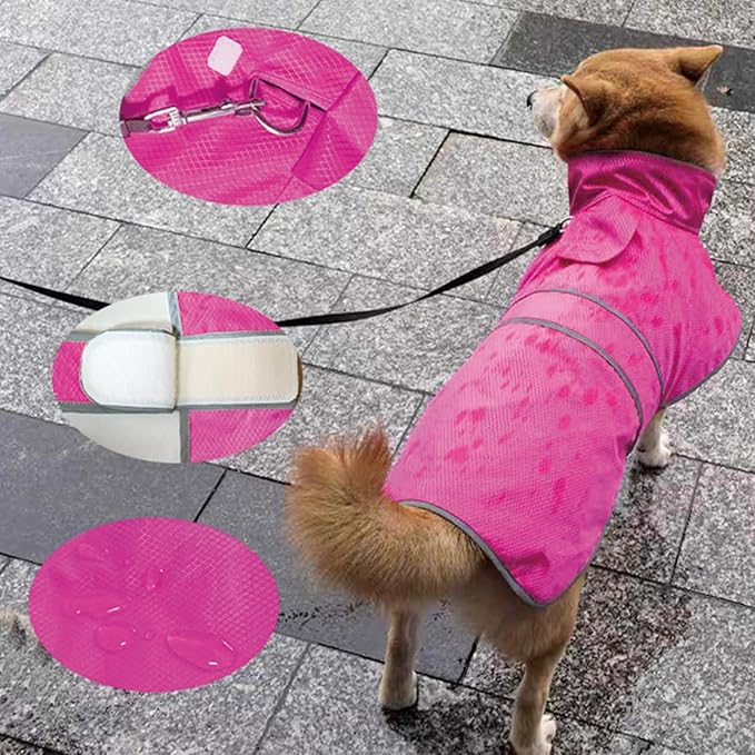 Dog Raincoat| Waterproof Adjustable & Lightweight Dog Jacket with Reflective Strips| Easy Step-in Closure for All-Weather| Fits Small Medium Large Dogs(Rose Red,Medium)