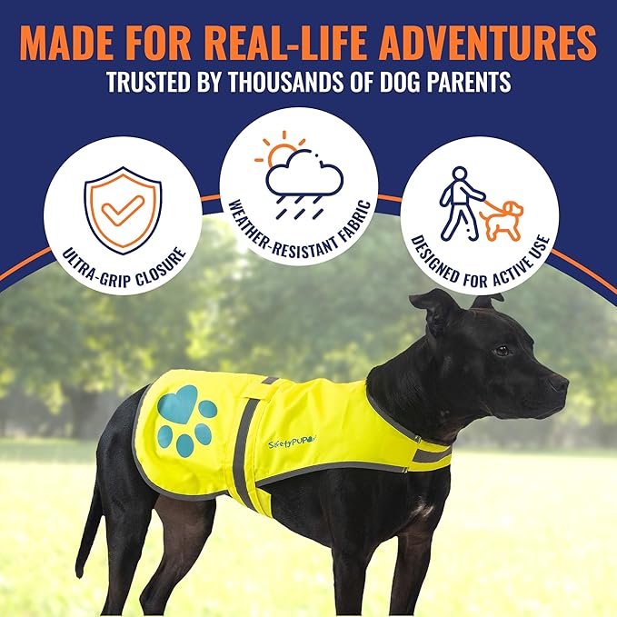 SafetyPUP XD Dog Reflective Vest – Hi-Vis Fluorescent Visibility That Helps to Safeguard Your Pet On/Off Leash in Urban & Rural Areas (Yellow, X-Small)