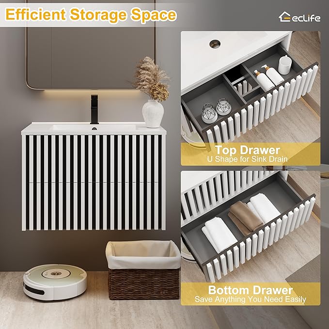 eclife 36" Floating Bathroom Vanity with Sink Combo, Modern Wall Mounted Cabinet with 2 Fluted Drawers, Undermount Sink, Faucet, Drain, Mixed White