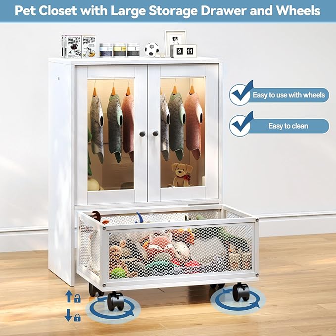 TC-HOMENY Pet Wardrobe Closet with Transparent Doors, Wooden Dog Closet with Clothes Hanger, Pet Storage Display Cabinet, Dog Toy Drawer with Wheels, Pet Organization and Storage for Pet Accessories