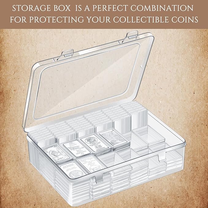 Batiyeer 50 Pcs 1 oz Silver Bar Case Holder Clear Acrylic Bar Capsule Storage Container for 1 Ounce Holder with Plastic Storage Box for Collectors Investors