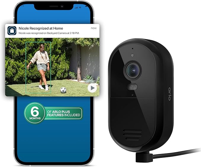 Arlo Essential Security Camera 2K (2025 Release) + 6 Months of Secure Plus Plan - Continuous Wired Plug-in Power Outdoor Camera, Person Recognition, Package Detection, Animated Preview, 1 Cam, Black