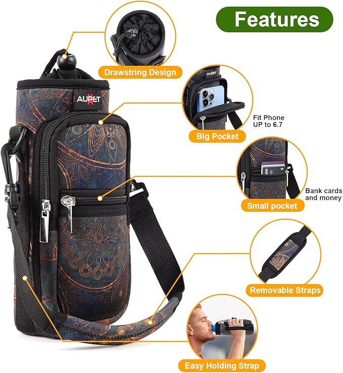 AUPET Water Bottle Sling Bag Sleeve Holder Carrier 25/32/40/64 oz,Insulated Crossbody Water Bottle Case Cover with Strap and Pockets for Men/Women Walking Hiking