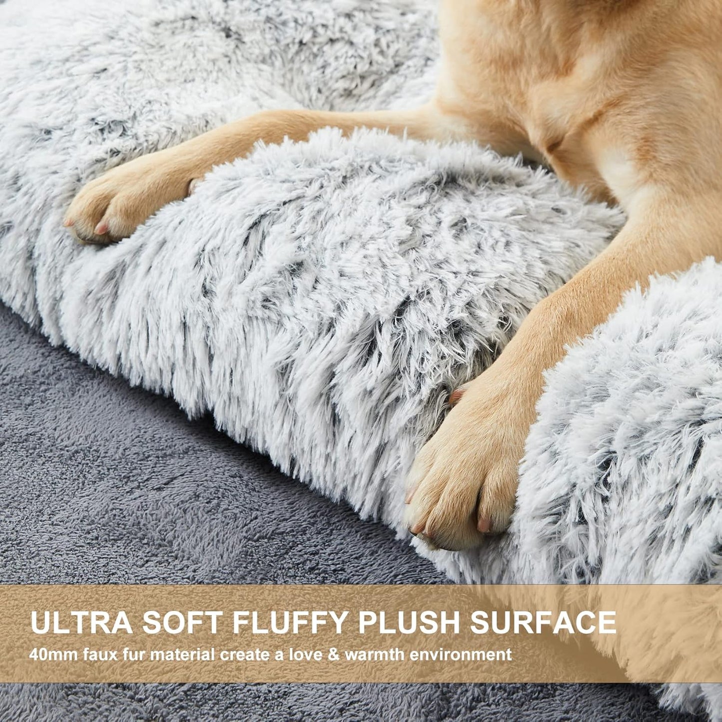 FetchMart Plush Dog Crate Bed for Large Dogs — Anti-Anxiety, Washable | Grey, 35"x23"