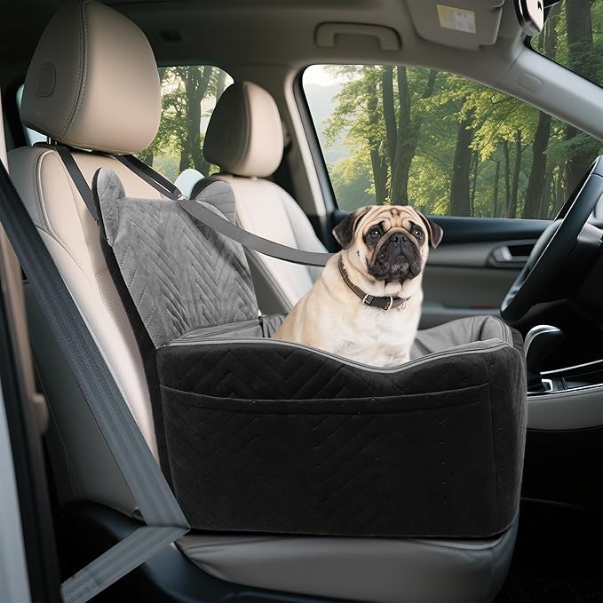 Dog Car Seat for Small/Medium Dogs Up to 30 lbs, Memory Foam Dog Booster Car Seats with Waterproof PU Cover, Pet Seat with Storage Pockets & 2 Safety Belt for Travel(Black)