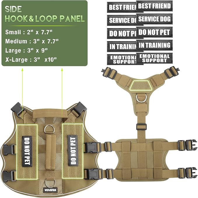 WINSEE Mesh Dog Harness with 10 Pet Patches for Large Service Dog in Training, Breathable Tactical Molle Vest with Double Handles, Reflective Military Pet Vest for Walking Hiking