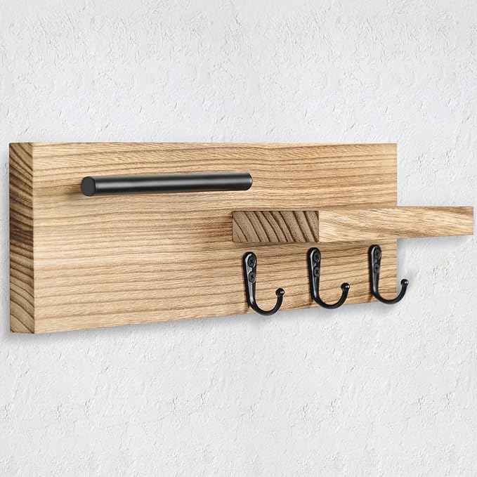 Key Holder for Wall, Decorative Entryway Shelf with Hooks Holds Keys, Dog Leash, Sunglasses – Key Hanger with 3 Hooks Organizes, Enhances Home Decor (15” x 4.5” x 2.6”) (Wood)