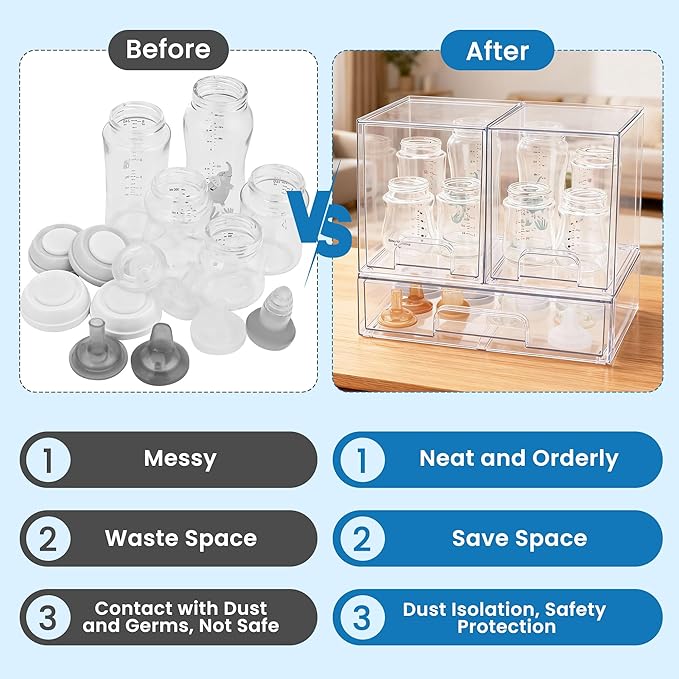 Baby Bottle Storage Organizer - Acrylic Storage Containers, Clear Stackable Drawer Baby Bottle Station Organizer for Countertop Cabinet, BPA-Free, Lead-Free (1 Wide+2 High, Clear)