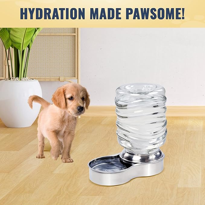 Bundaloo Dog Water Bowl Dispenser - Automatic Slow Refilling System Keeps Stainless Steel Drinking Dish Filled - Refillable 3 Liter Bottle, Non-Skid Feet - Clean, Safe, & Fresh Drink for Pet Dogs