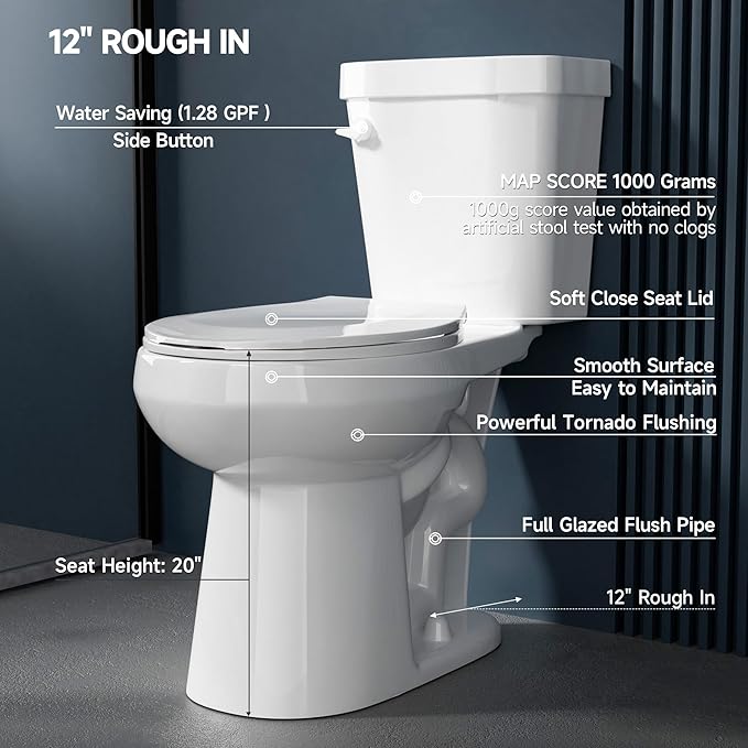 Compact Tall Toilet 19 Inch for Small Bathroom Space 1.28 GPF Tornado Single Flush - Two Piece Comfort ADA High Toilet for Seniors, 19 Inch Bowl Height, 20 Inch Seat Height, 12" Rough In,White