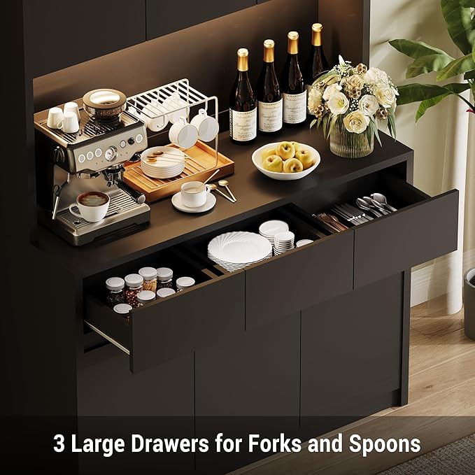 71" Tall Kitchen Pantry Cabinet, Adjustable Shelves & Doors and Three Drawers, Microwave Shelf, Coffee Bar with LED Lights & Charging Station, Corner Storage Hutch for Living Room, Black