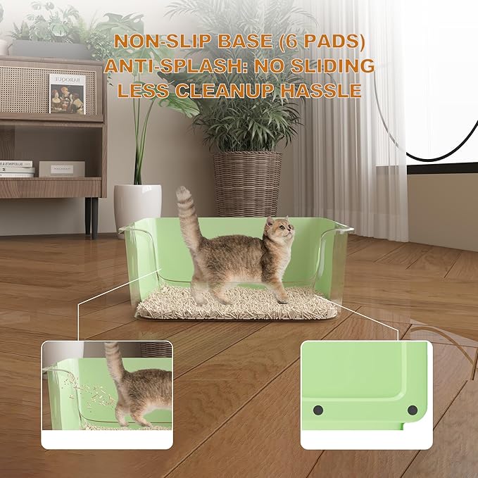 Open-Top Large High Sides Cat Litter Box with Low Entrance, Suitable for Small and Elderly Cats, Anti-Splash, 19.8” x15.6”x7.3” for Indoor Use (Green（Fluorescent Lime Green）)
