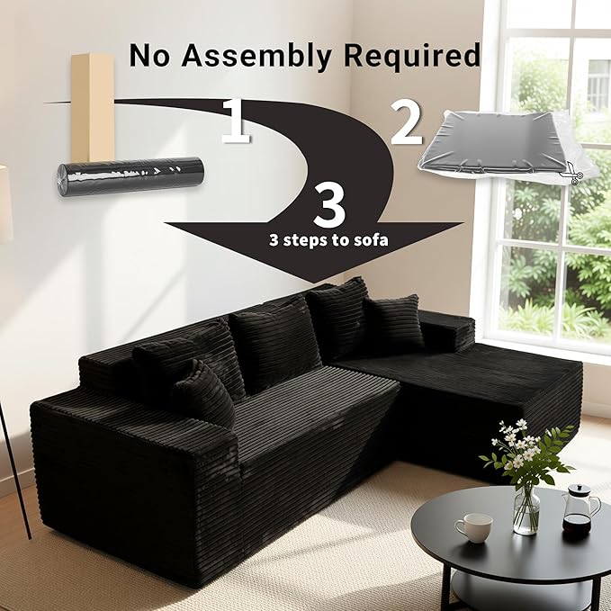 Claiks Boneless Couch, Cloud Couch Sectional, L-Shape Corduroy Modular Sectional Sofa Deep Seat, Upholstered Couches for Living Room, No Assembly Required, Black, Right Facing Chaise