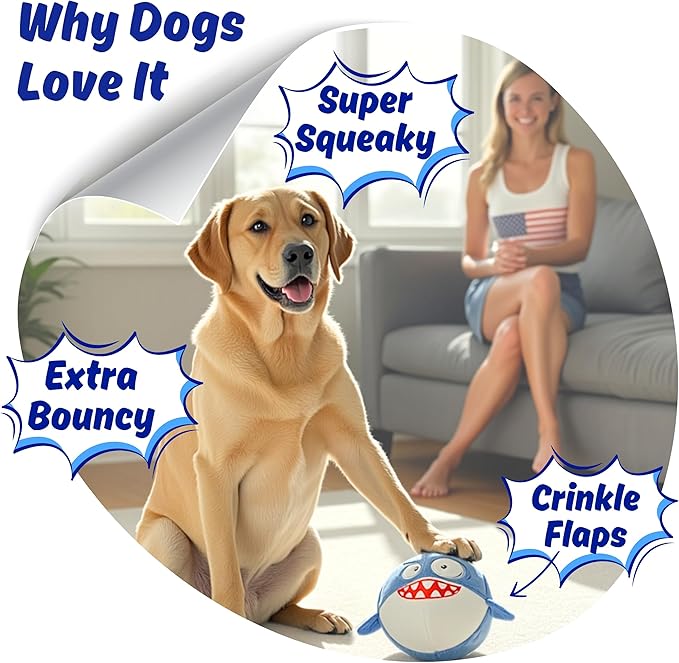 3 in 1 Squeaky Soft Plush Durable Dog Chew Toy for Aggressive Chewers, No Stuffing Interactive Tough Rip & Reveal Crinkle Blue Shark Ball in Gift Box, Puppy, Small & Large Breed Pets Birthday Present