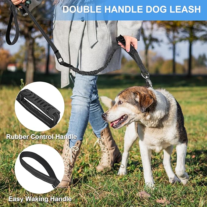2 Pack Heavy Duty Dog Leash for Medium Large Dogs That Pull,4-6FT Shock Absorbing Bungee Tactical Dog Leash with 2 Padded Handle Car Seatbelt,Reflective Walking Training Lead,Black Teal