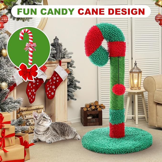 Christmas Cat Scratching Post 21.6" Candy Cane Holiday Scratch Post Small Natural Sisal Cat Scratcher for Indoor Cats and Kittens