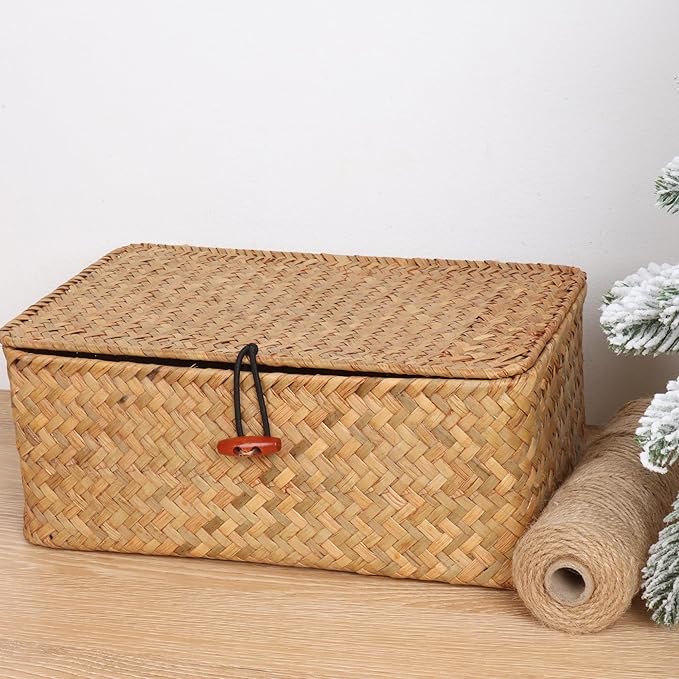 Wicker Shelf Baskets with Lid,Handwoven Seagrass Basket for Storage Basket Bins Rectangular Home Organizer Gift Boxes (Natural Small)