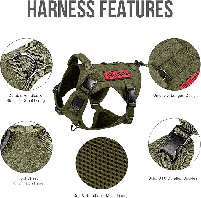 OneTigris Tactical Dog Harness Vest with Handle, Military Dog Harness for Large Medium Dogs,FIRE Watcher 2.0 No-Pull Service Dog Vest,Adjustable Dog Vest Harness for Walking Hiking Training(S,Green)