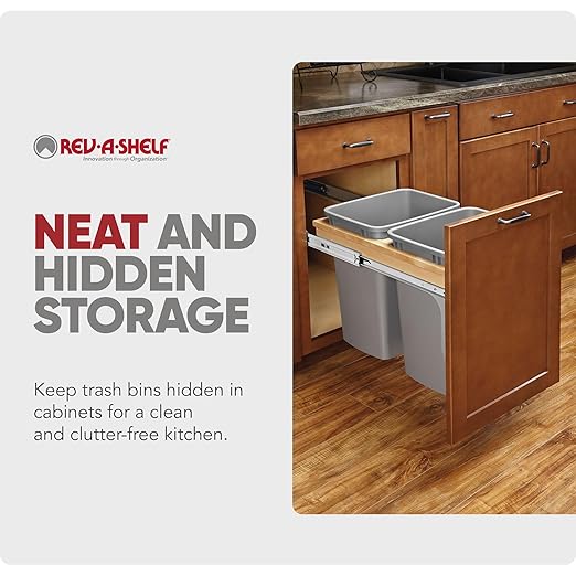 Rev-A-Shelf Top Mount Double Pullout Under Cabinet 27 Quart Kitchen Trash Cans w/ Soft Close, 150 Pound Rated Full-Extension Slides, 4WCTM-15BBSCDM2