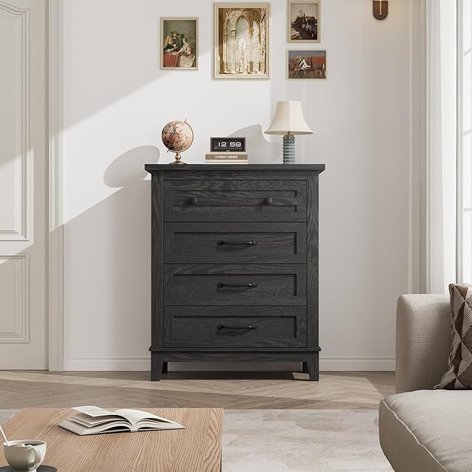 GarveeHome 4 Dresser for Bedroom, 34.8 in Tall Vertical Drawer Dresser with Large Storage, Freestanding Wooden Closet Chest for Bedroom, Living Room, Black