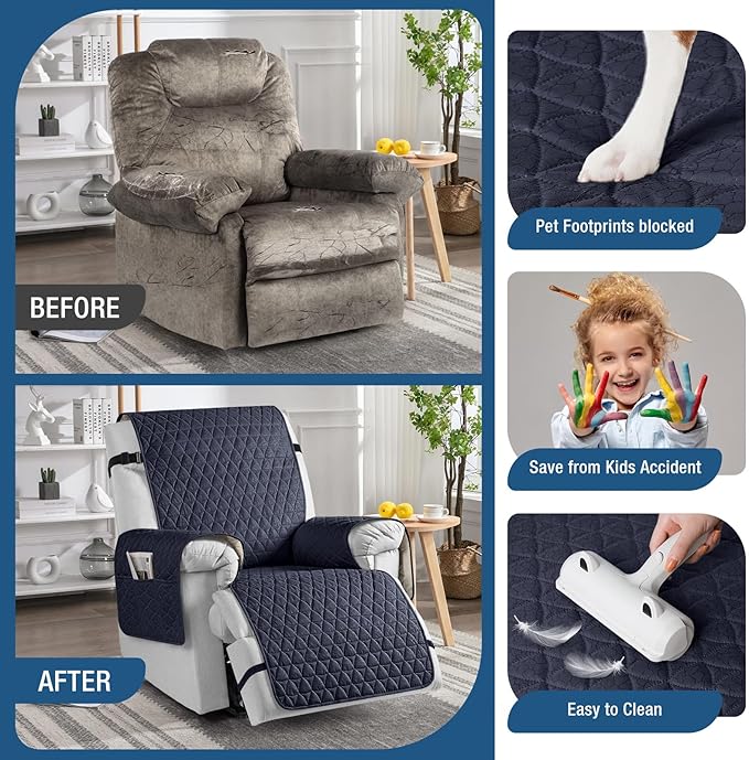 TAOCOCO 100% Waterproof Recliner Cover - Recliner Cover with Non-Slip Granule, Recliner Chair Covers with Elastic Band, Recliner Chair Covers for Reclining Chair(Dark Blue, Oversized-30'')
