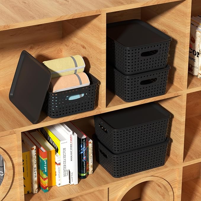 Plastic Weave Storage Bins with Lids, Plastic Organizing Baskets with Lid, Black, 6 Packs