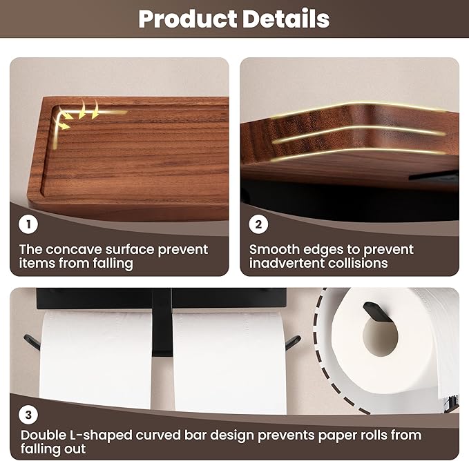 Double Toilet Paper Holder with Walnut Wood Shelf - Wall Mount & Self-Adhesive Bathroom Tissue Roll Holder, Black Stainless Steel with Walnut Shelf for Phone - Home Apartment Restroom