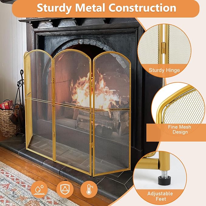 4-Panel Gold Fireplace Screen,47.8" W x 31" H,Foldable Fire Spark Guard with Wrought Metal Mesh,Modern Decorative Fire Place Gate for Living Room,Baby and Pet Proof,Home Decor,Easy Assembly