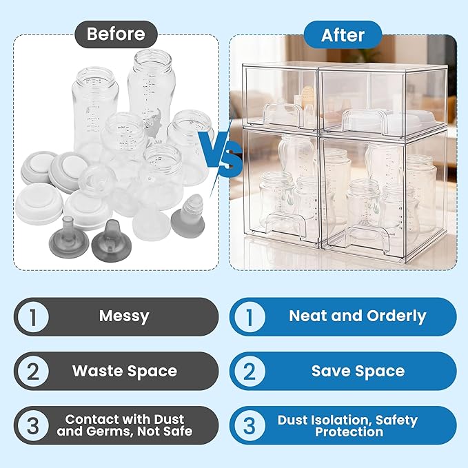 Baby Bottle Storage Organizer - Acrylic Storage Containers, Clear Stackable Drawer Baby Bottle Station Organizer for Countertop Cabinet, BPA-Free, Lead-Free (2 Small+2 High, Clear)