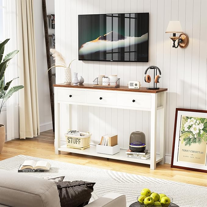 Homieasy Farmhouse Console Table with 3 Drawers, 47 Inch Wood Sofa Table with Storage Shelf for Living Room, Behind Couch, Entryway Table for Hallway, Living Room, or Foyer, Brown and Antique White