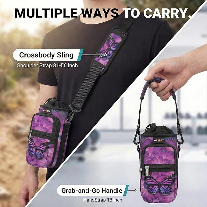 AUPET Water Bottle Sling Bag Sleeve Holder Carrier 25/32/40/64 oz,Insulated Crossbody Water Bottle Case Cover with Strap and Pockets for Men/Women Walking Hiking