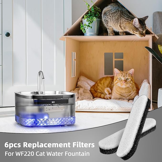 Cat Water Fountain Filters, 6 Packs/Box Replacement Filters for MAILOFY WF220 Automatic Cat Water Fountain 75oz/2.2L, Activated Carbon 3-layer Filtration to Purify Water and Remove Odors