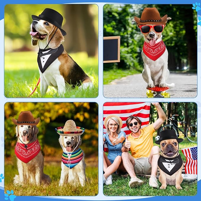 Eccliy 4 Sets Dog Costume Outfit Pirate Dog Hat Formal Tuxedo Bandana Collar Pet Cowboy Hat Mexican Sombrero Hats for Fiesta Halloween Wedding Outfit Accessories Photo Prop Party Supplies