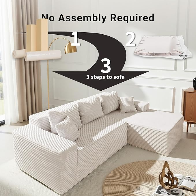 Claiks Boneless Couch, Cloud Couch Sectional, L-Shape Corduroy Modular Sectional Sofa Deep Seat, Upholstered Couches for Living Room, No Assembly Required, Beige, Right Facing Chaise