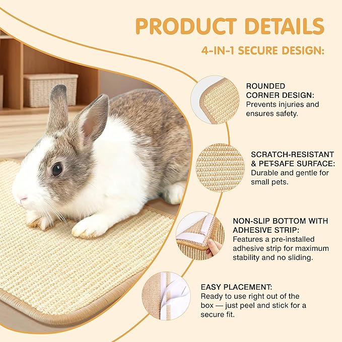 Rabbit Scratching Pad, Sisal Bunny Scratch Mat for Cages - 2PCS Natural Rabbits Nail Scratcher for Indoor Rabbit Chew Toys & Bedding, 16x12 Inch