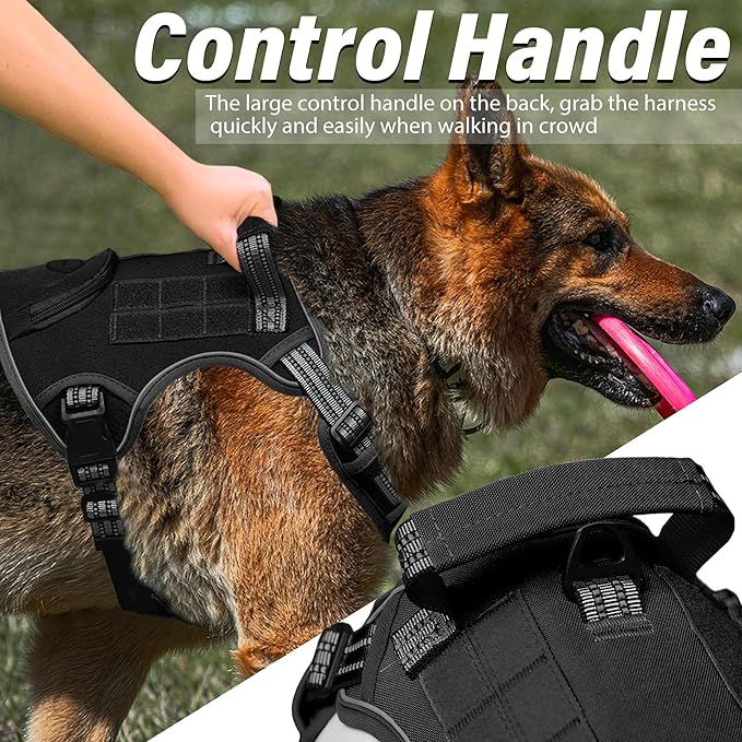 Tactical Dog Harness for Large Dogs, Heavy Duty No Pull Military Service Vest with Control Handle & 4 Patches, Adjustable Reflective Soft Padded Pet Harness for Training Walking Hiking (Brown, XL)
