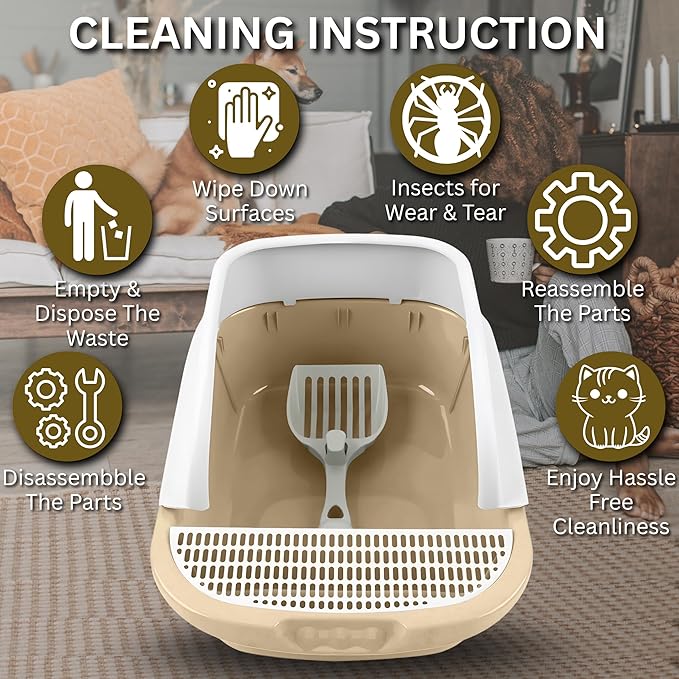 Large Open-Top Cat Litter Box with High Sides, Enclosed Scatter Shield Design, Easy Clean Plastic Litter Pan, Includes Scoop (Pale Beige)