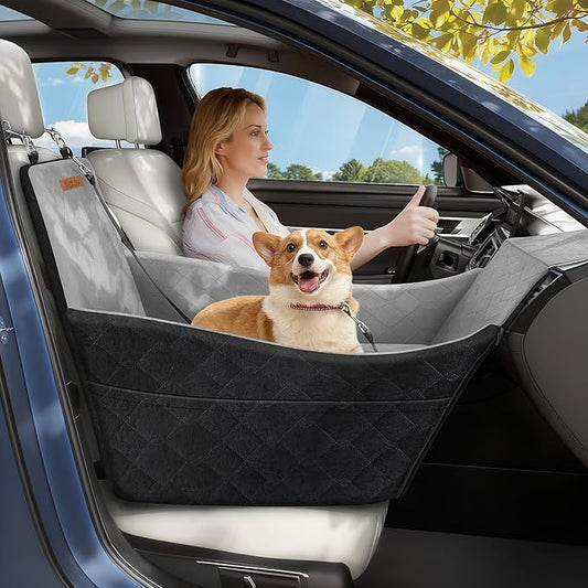 Elevated Dog Car Seat, Dog Booster Car Seats for Small & Medium Breeds Up to 35lbs, Fully Detachable and Washable, Memory Foam Pet Carseat with 2 Storage Pockets & 3 Safety Belts, Black & Gray