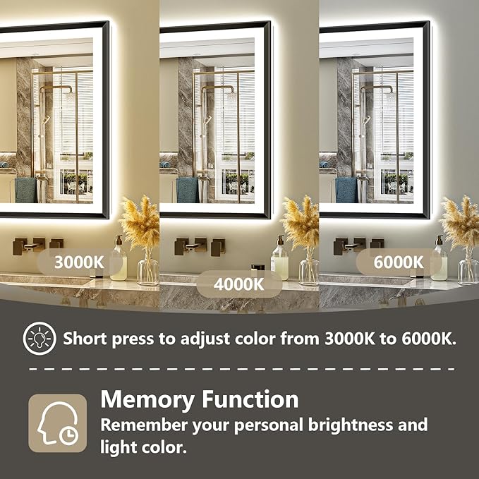 28x36 Black Framed LED Bathroom Mirror with Lights, Backlit and Front Light, Lighted Bathroom Vanity Mirror for Wall Dimmable Anti-Fog Memory Tempered Glass Horizontal/Vertical