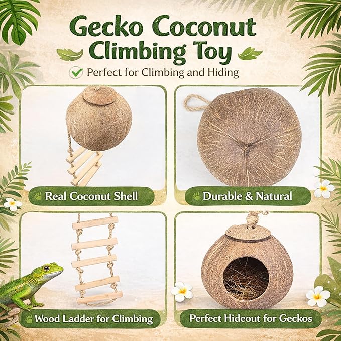 HERCOCCI Crested Gecko Tank Accessories, Reptile Hanging Plants Vines with Coconut Shell Ladder Hideout Hermit Crab Decor for Lizard, Chameleon Cage, Snakes, Hermit Crab, Leopard Gecko