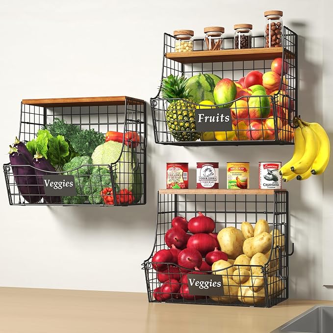 3 Pack Fruit Basket for Kitchen with Wood Lid - Counter&Wall Mounted Onion and Potato Storage with Nameplate, Stackable Storage Basket, Hanging Metal Wire Baskets,11.5 * 10.63 * 8.66 Inch