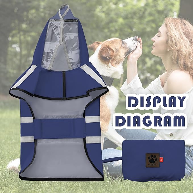 Dog Raincoat, Adjustable Rain Jacket with Hooded Double Layer for Large Medium Small Dogs Puppies, Lightweight Waterproof Rain Coat Poncho with Reflective Stripe Navy,L