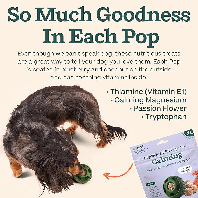 Woof Pupsicle Calming Starter Kit - Pupsicle and Calming Pops Bundle - Long-Lasting Interactive Dog Toy, Low-Mess Design - 10 Refills with Thiamine, Tryptophan, Passion Flower for XL Dogs 75 lbs and U