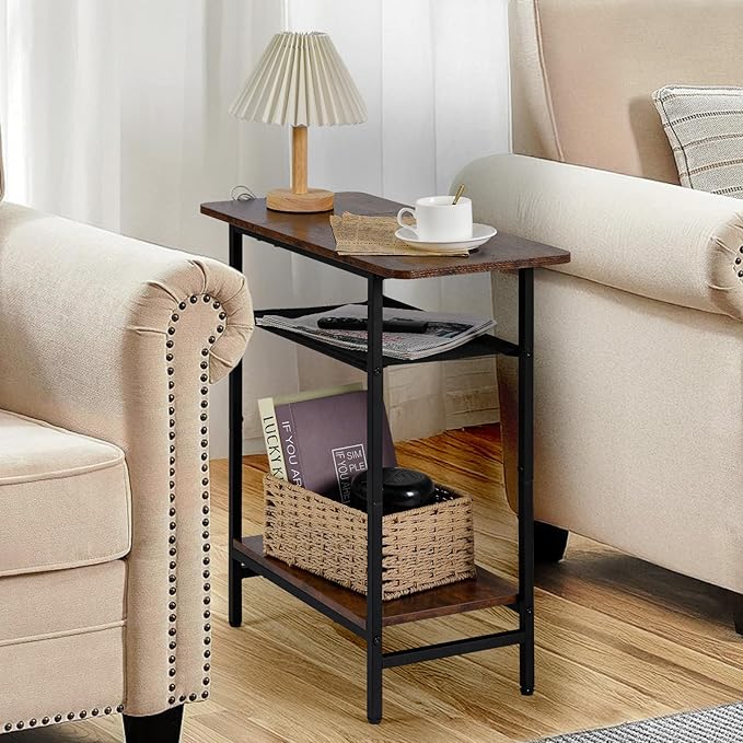 3-Tier Side Table for Living Room, Narrow End Table for Small Spaces with Wide Storage Tabletop,Rustic Brown Slim Couch Side Table Nightstand for Bedroom, Sofa