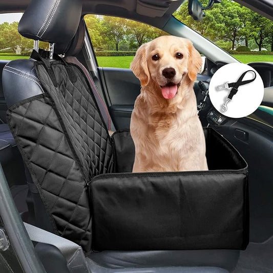 Flow.Month Pet Front Seat Cover Pet Booster Seat,Deluxe 2 in 1 Dog Seat Cover for Cars Waterproof Dog Front Seat Cover Pet Bucket Seat Cover with Safety Belt(Black)